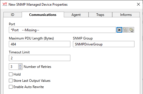 SNMP tag - communications tab